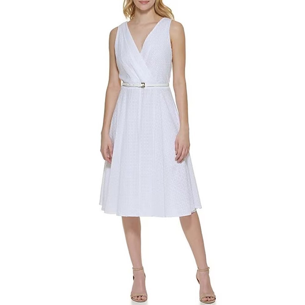 Tommy Hilfiger Size 12 Swiss Dot Belted Surplice V-Neck Sleeveless Midi Dress